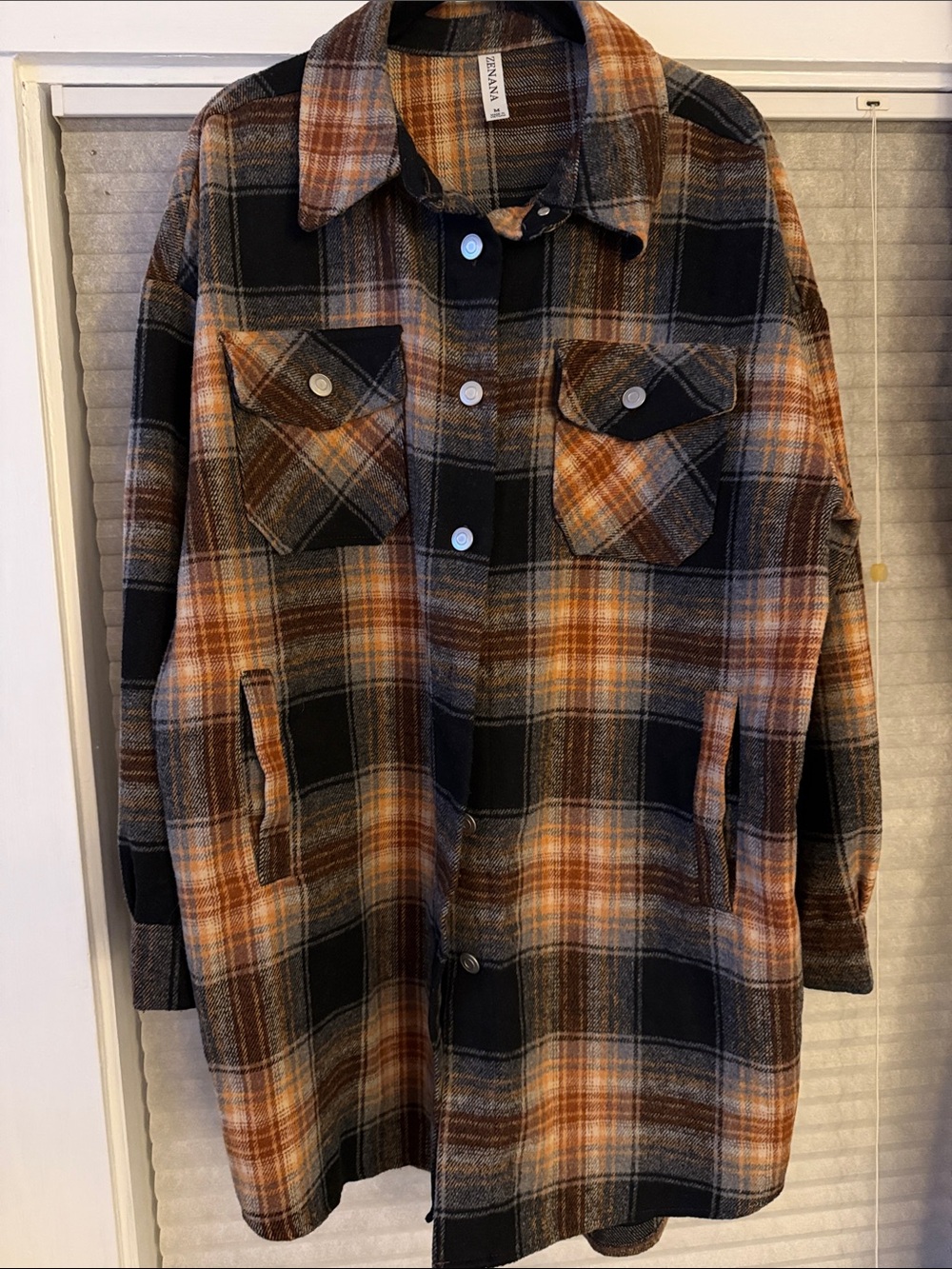 Zenana Outfitters Orange Black Plaid Utility Shacket